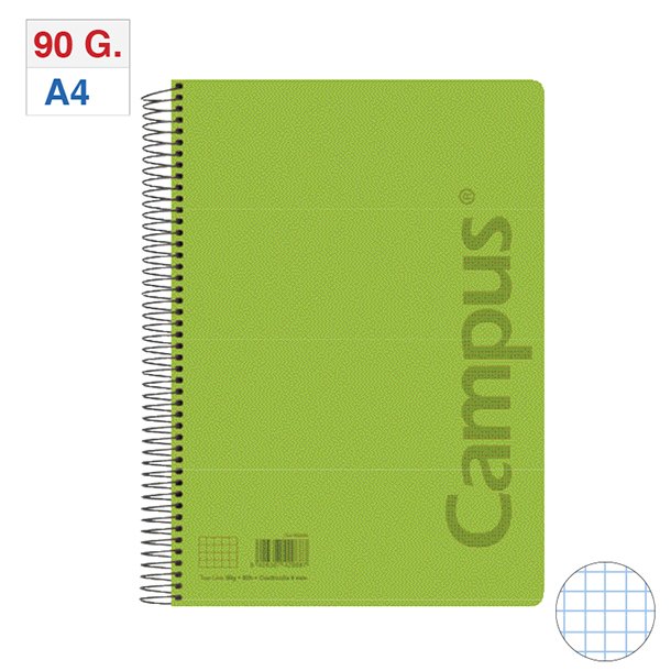 BLOC ESPIRAL CAMPUS A4 TAPA PLÁSTICO 80 HOJAS 90G CUADRÍCULA 4 MM VERDE CLARO
